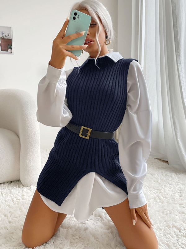 Women's Slit Solid Color Mid-Length Vest Sweater - THE QUEEN RUNWAY