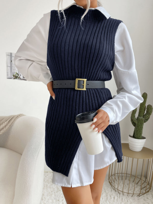 Women's Slit Solid Color Mid-Length Vest Sweater - THE QUEEN RUNWAY