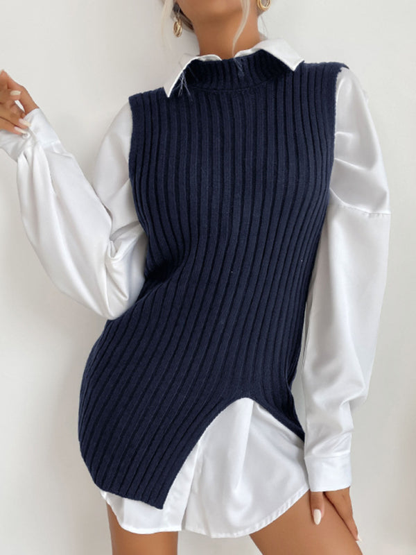 Women's Slit Solid Color Mid-Length Vest Sweater - THE QUEEN RUNWAY