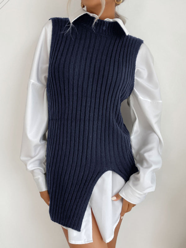 Women's Slit Solid Color Mid-Length Vest Sweater - THE QUEEN RUNWAY