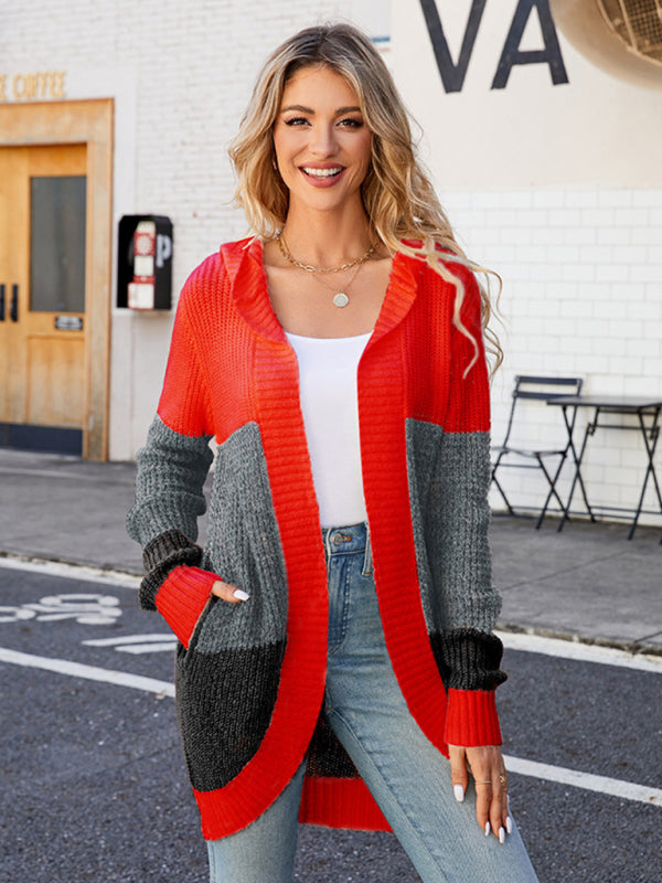 New lazy style contrasting casual mid-length hooded knitted cardigan - THE QUEEN RUNWAY