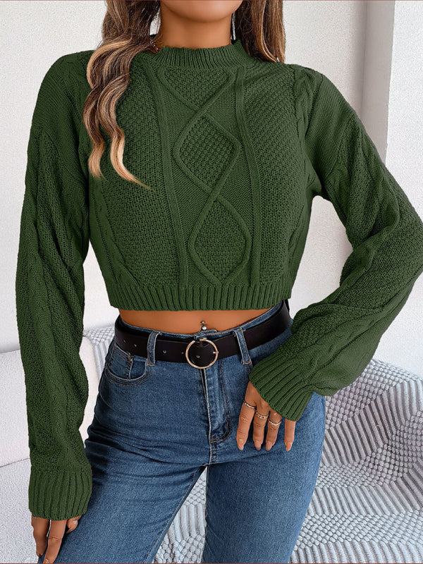 New autumn and winter casual solid color twist long-sleeved pullover navel-baring sweater - THE QUEEN RUNWAY