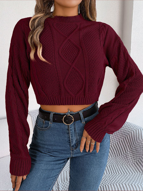 New autumn and winter casual solid color twist long-sleeved pullover navel-baring sweater - THE QUEEN RUNWAY