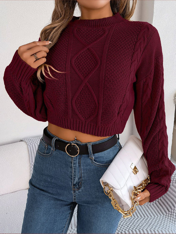 New autumn and winter casual solid color twist long-sleeved pullover navel-baring sweater - THE QUEEN RUNWAY