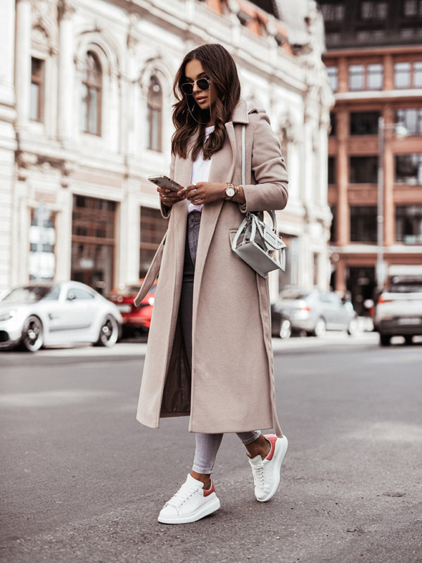Women's Long Sleeve V Neck Tie Wool Jacket - THE QUEEN RUNWAY