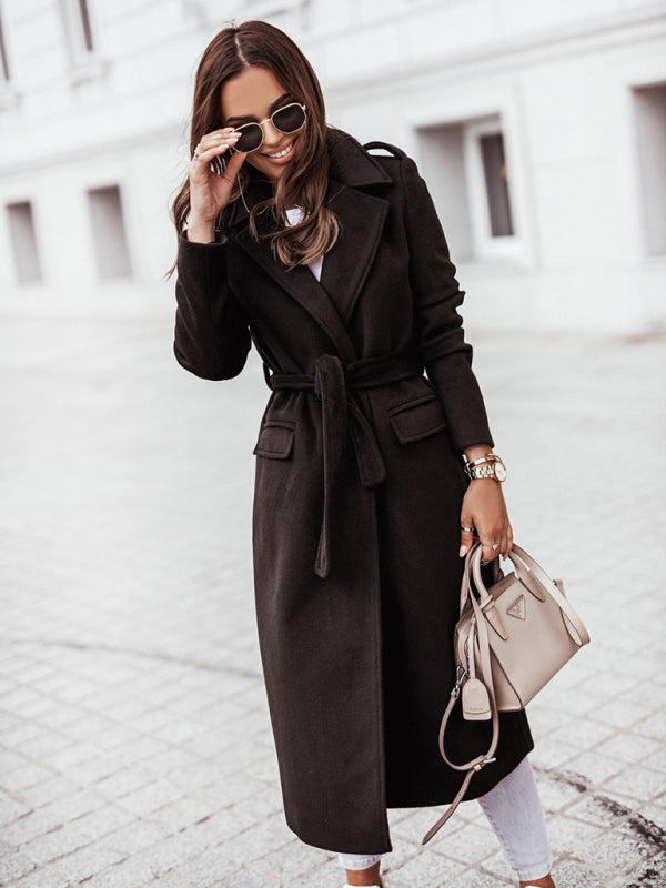 Women's Long Sleeve V Neck Tie Wool Jacket - THE QUEEN RUNWAY