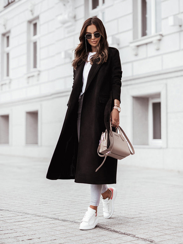 Women's Long Sleeve V Neck Tie Wool Jacket - THE QUEEN RUNWAY