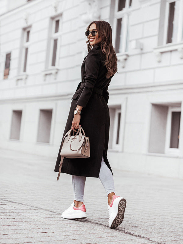 Women's Long Sleeve V Neck Tie Wool Jacket - THE QUEEN RUNWAY