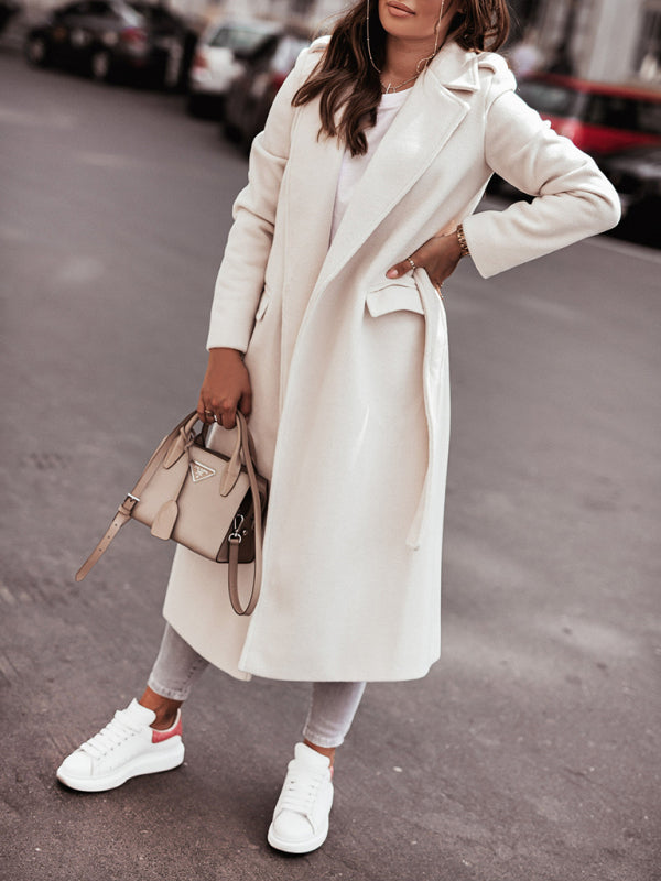 Women's Long Sleeve V Neck Tie Wool Jacket - THE QUEEN RUNWAY