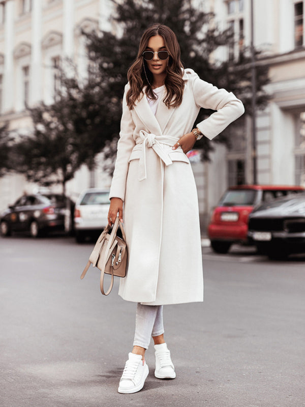 Women's Long Sleeve V Neck Tie Wool Jacket - THE QUEEN RUNWAY