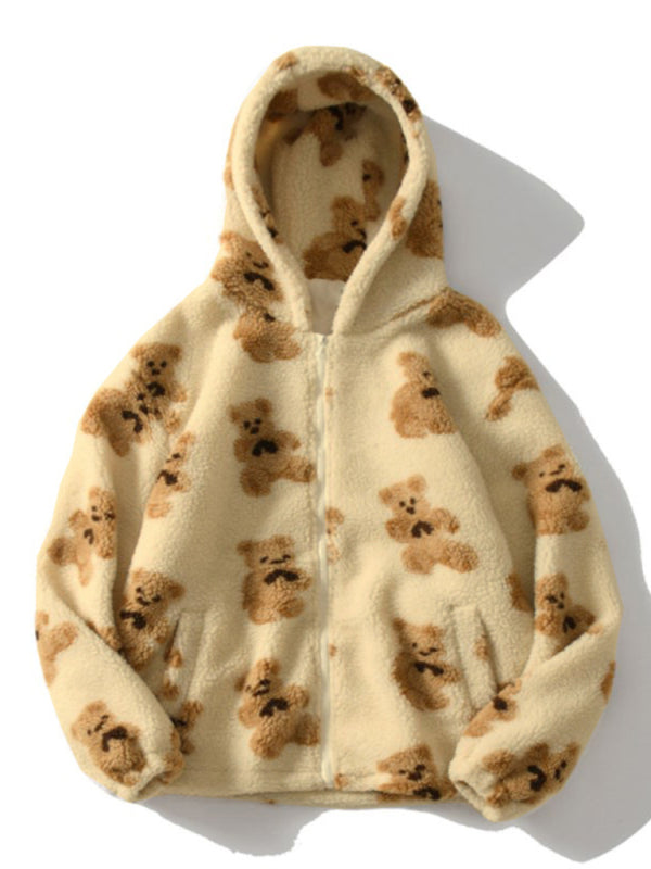 Ladies Hooded Thick Casual Cartoon Pattern Bear Zipper Pocket Plush Sweater - THE QUEEN RUNWAY