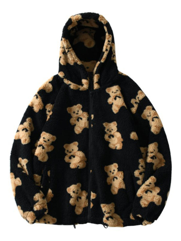 Ladies Hooded Thick Casual Cartoon Pattern Bear Zipper Pocket Plush Sweater - THE QUEEN RUNWAY