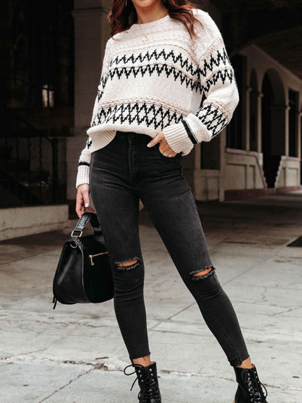 Retro diamond pattern sweater fashionable large size crew neck sweater - THE QUEEN RUNWAY