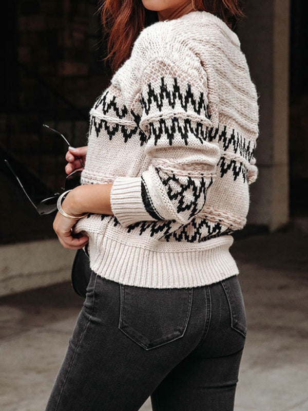 Retro diamond pattern sweater fashionable large size crew neck sweater - THE QUEEN RUNWAY