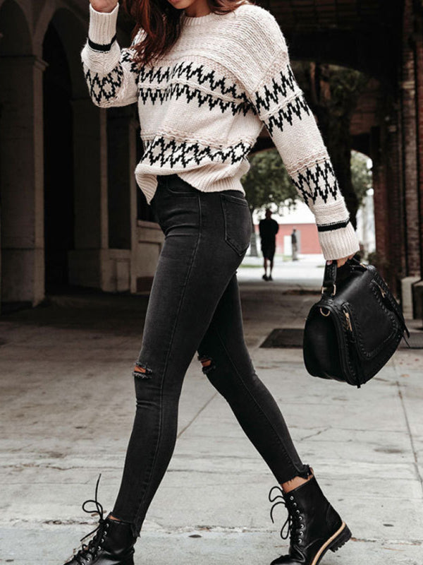 Retro diamond pattern sweater fashionable large size crew neck sweater - THE QUEEN RUNWAY