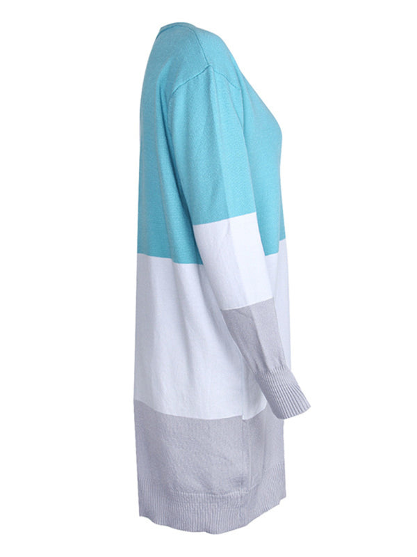 New contrast color long rainbow patchwork striped cardigan sweater jacket - THE QUEEN RUNWAY