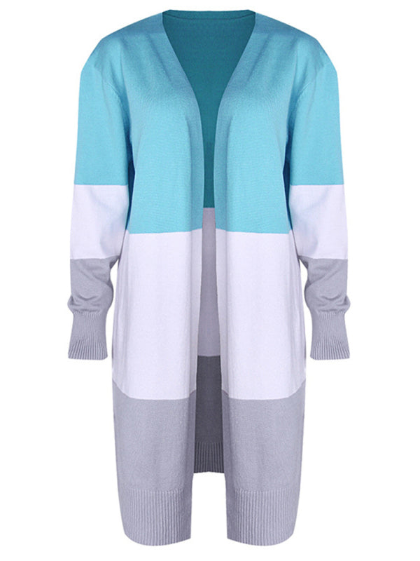 New contrast color long rainbow patchwork striped cardigan sweater jacket - THE QUEEN RUNWAY