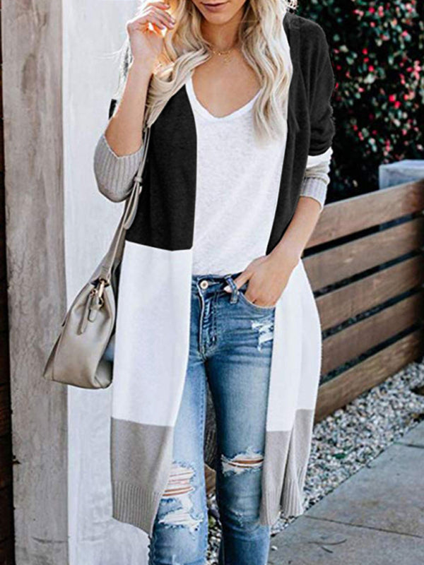 New contrast color long rainbow patchwork striped cardigan sweater jacket - THE QUEEN RUNWAY