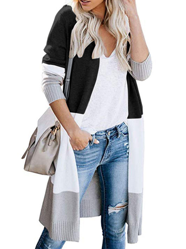 New contrast color long rainbow patchwork striped cardigan sweater jacket - THE QUEEN RUNWAY