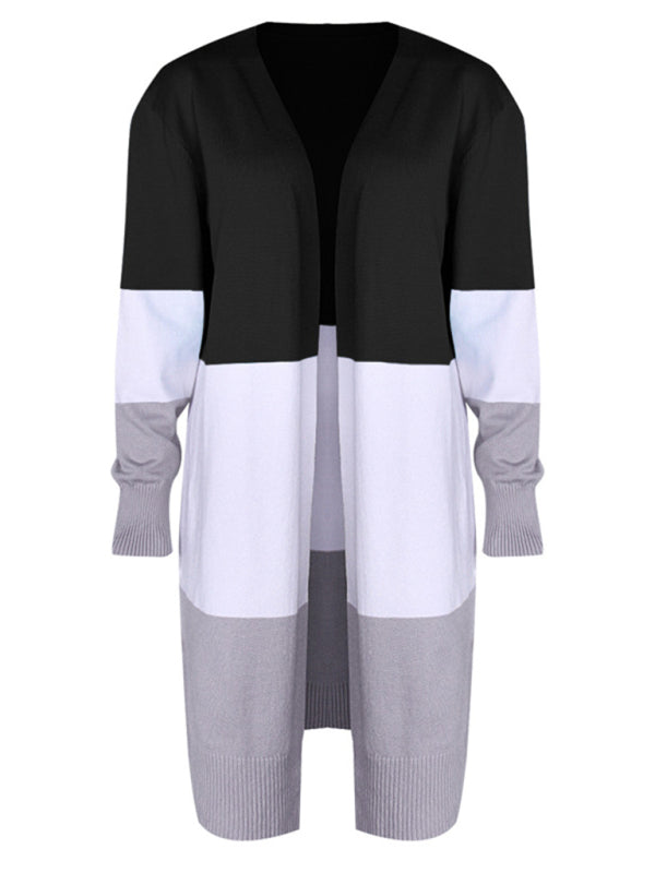 New contrast color long rainbow patchwork striped cardigan sweater jacket - THE QUEEN RUNWAY