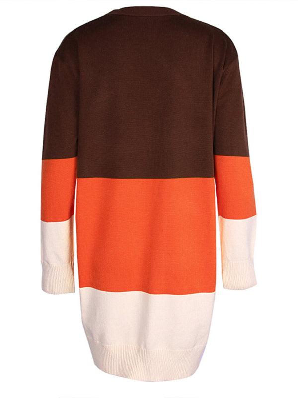 New contrast color long rainbow patchwork striped cardigan sweater jacket - THE QUEEN RUNWAY