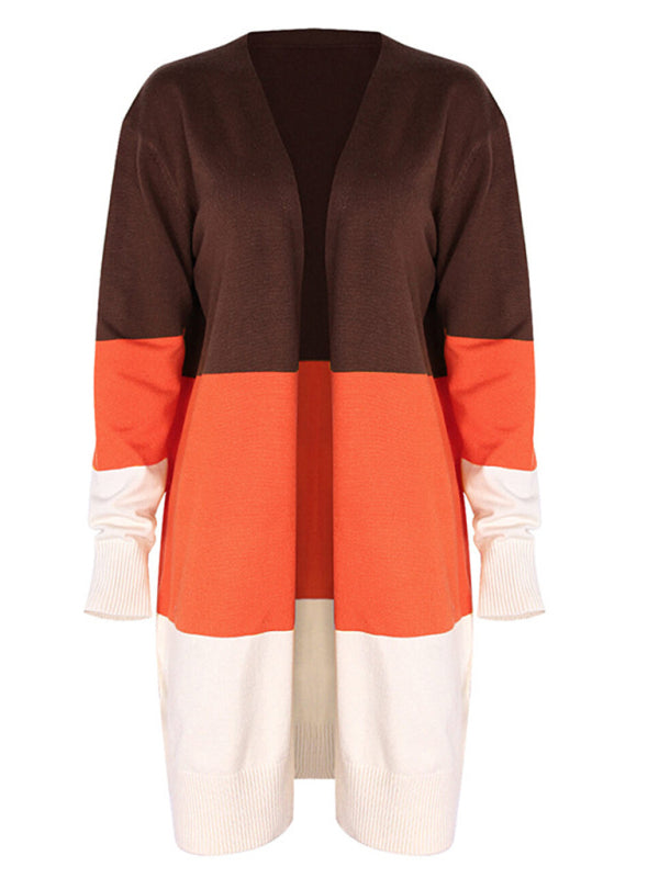New contrast color long rainbow patchwork striped cardigan sweater jacket - THE QUEEN RUNWAY