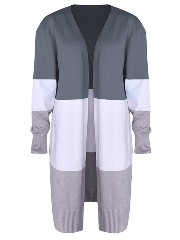 New contrast color long rainbow patchwork striped cardigan sweater jacket - THE QUEEN RUNWAY