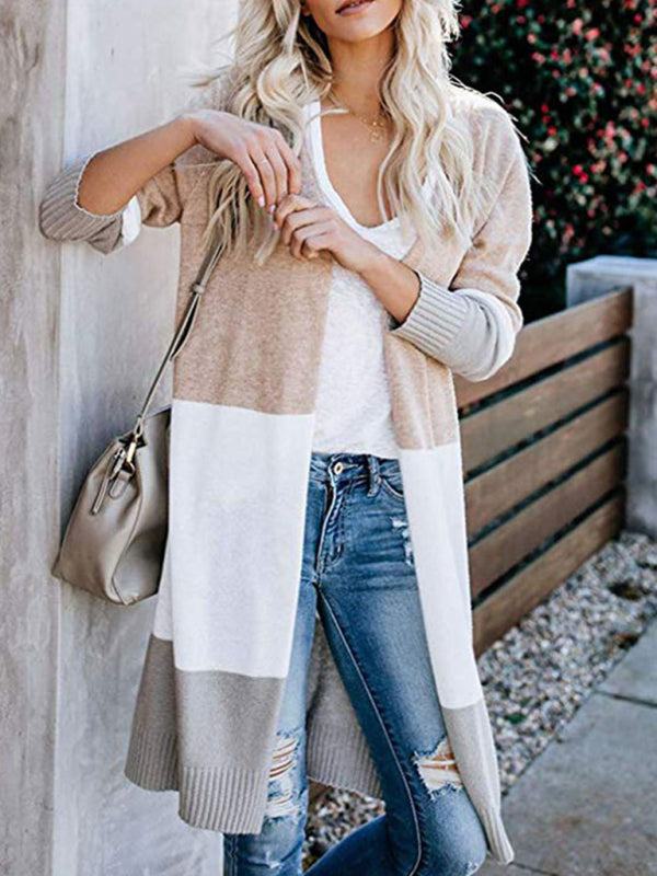 New contrast color long rainbow patchwork striped cardigan sweater jacket - THE QUEEN RUNWAY