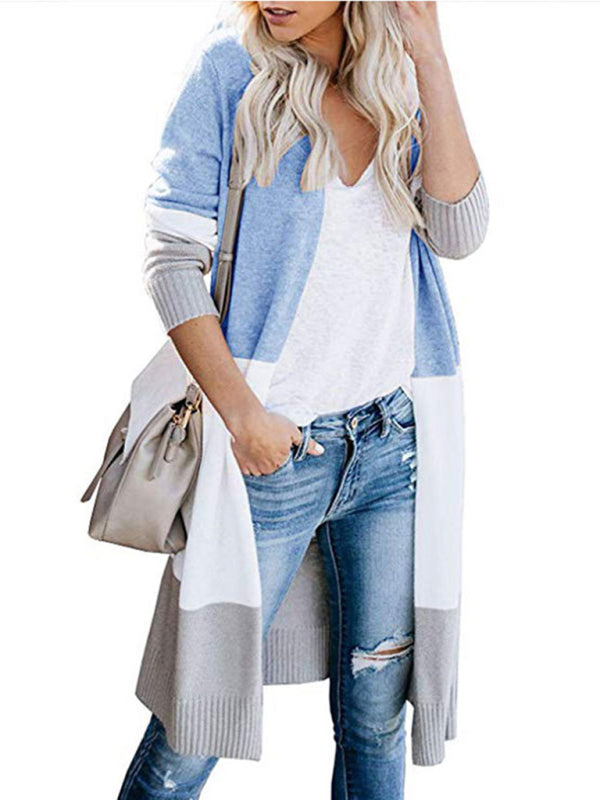 New contrast color long rainbow patchwork striped cardigan sweater jacket - THE QUEEN RUNWAY