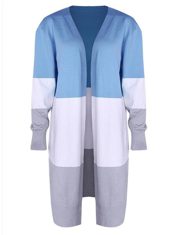 New contrast color long rainbow patchwork striped cardigan sweater jacket - THE QUEEN RUNWAY