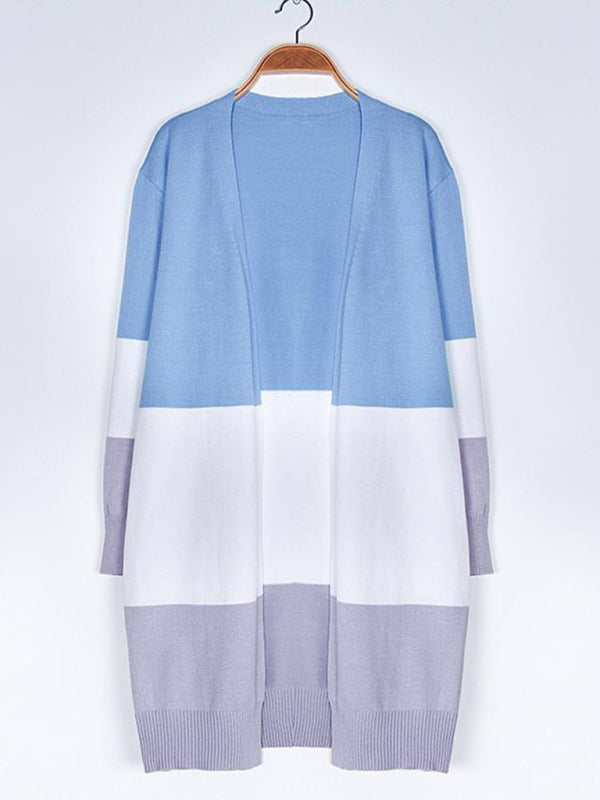 New contrast color long rainbow patchwork striped cardigan sweater jacket - THE QUEEN RUNWAY