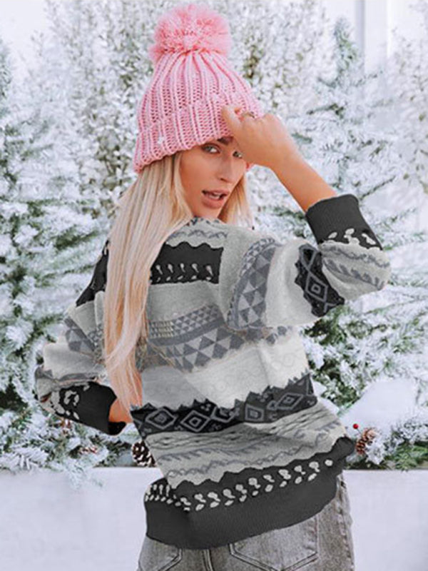 New retro pattern diamond jacquard multi-color patchwork sweater loose round neck pullover sweater - THE QUEEN RUNWAY