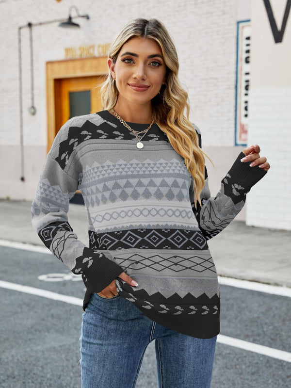 New retro pattern diamond jacquard multi-color patchwork sweater loose round neck pullover sweater - THE QUEEN RUNWAY