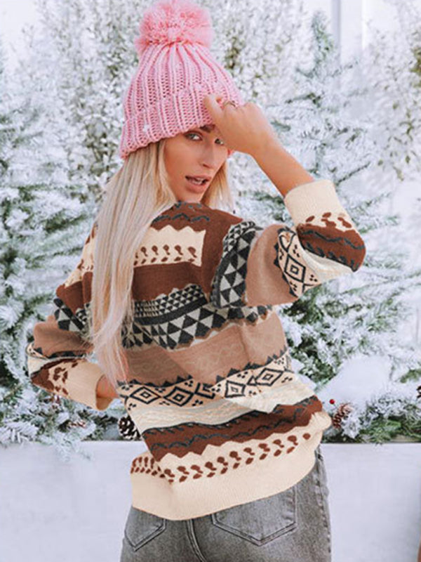 New retro pattern diamond jacquard multi-color patchwork sweater loose round neck pullover sweater - THE QUEEN RUNWAY