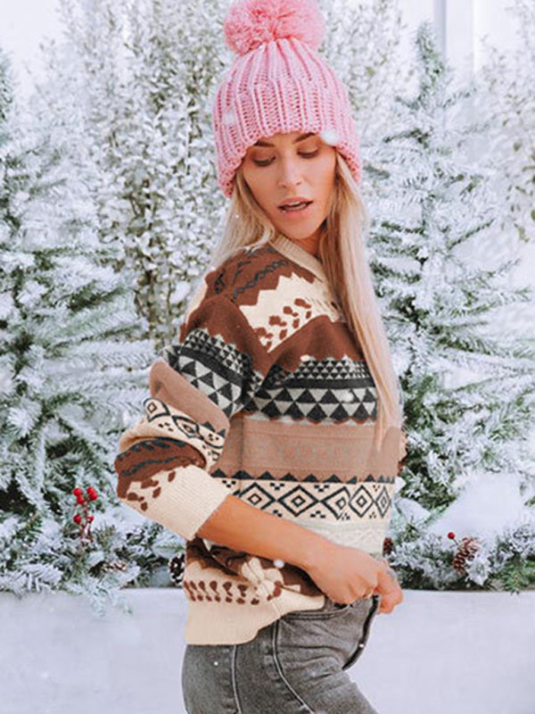 New retro pattern diamond jacquard multi-color patchwork sweater loose round neck pullover sweater - THE QUEEN RUNWAY