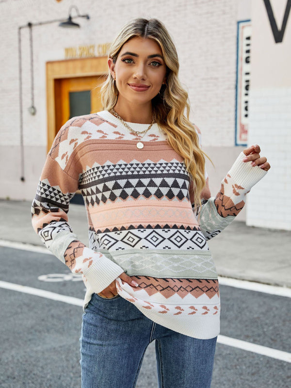 New retro pattern diamond jacquard multi-color patchwork sweater loose round neck pullover sweater - THE QUEEN RUNWAY