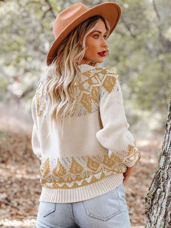 Women's Vintage Jacquard Sweater Women's Round Neck Long Sleeve Pullover Sweater - THE QUEEN RUNWAY