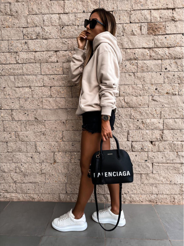New autumn and winter long-sleeved solid color pullover hooded sweatshirt top - THE QUEEN RUNWAY