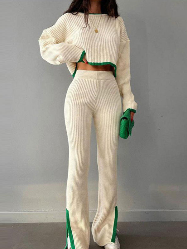 Autumn and winter contrasting color sweater slit elastic waist wide-leg pants two-piece set - THE QUEEN RUNWAY