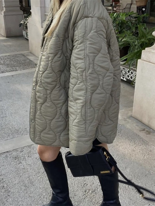 Women's fashionable round neck loose rhombus cotton coat with extended thread - THE QUEEN RUNWAY