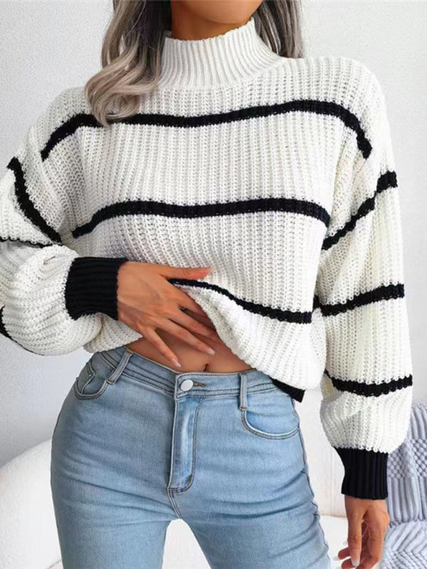 Women's Casual Striped Balloon Sleeve Turtleneck Sweater - THE QUEEN RUNWAY