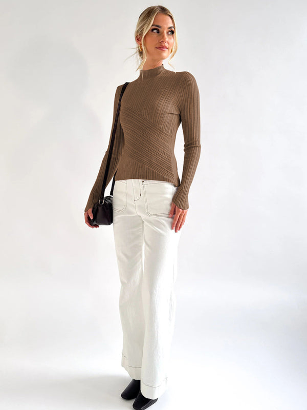 Elegant long-sleeved half turtleneck knitted top - THE QUEEN RUNWAY