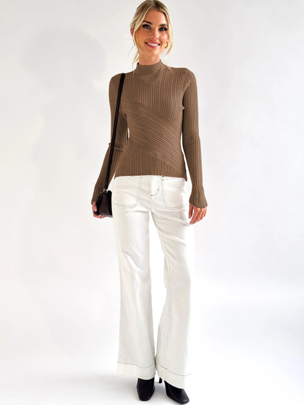 Elegant long-sleeved half turtleneck knitted top - THE QUEEN RUNWAY