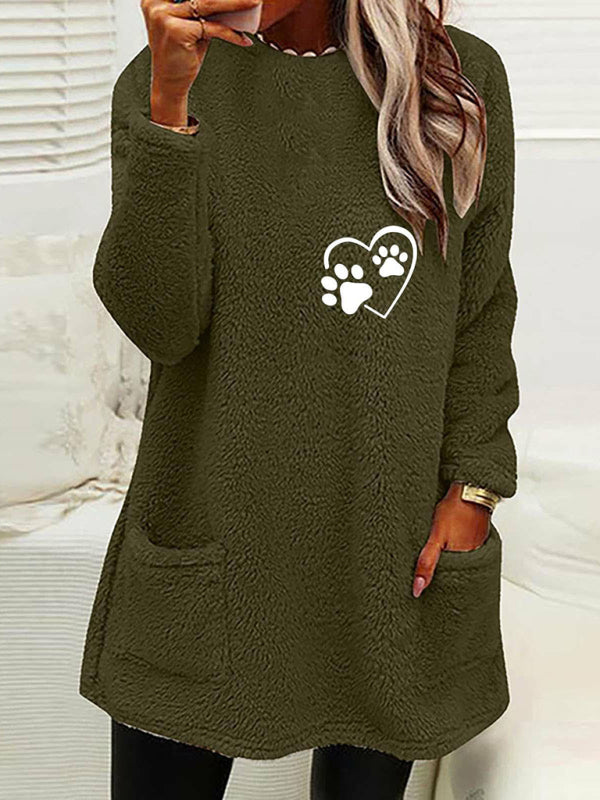 Women's new loose long-sleeved love foot print round neck sweatshirt - THE QUEEN RUNWAY