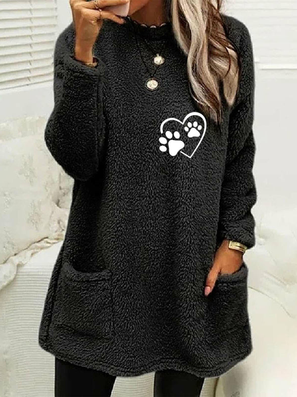 Women's new loose long-sleeved love foot print round neck sweatshirt - THE QUEEN RUNWAY