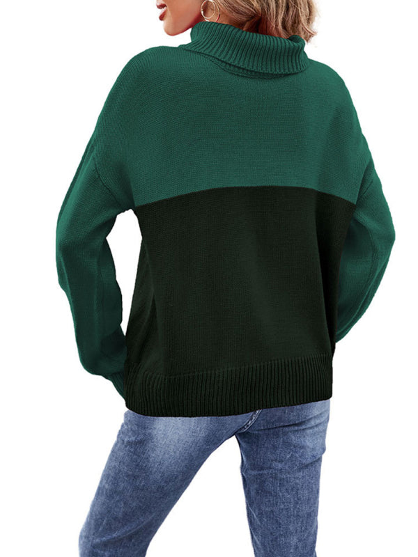 Women's new trendy contrasting color turtleneck pullover sweater - THE QUEEN RUNWAY