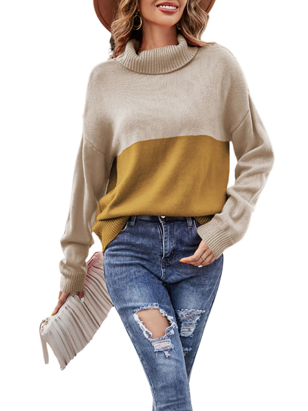 Women's new trendy contrasting color turtleneck pullover sweater - THE QUEEN RUNWAY