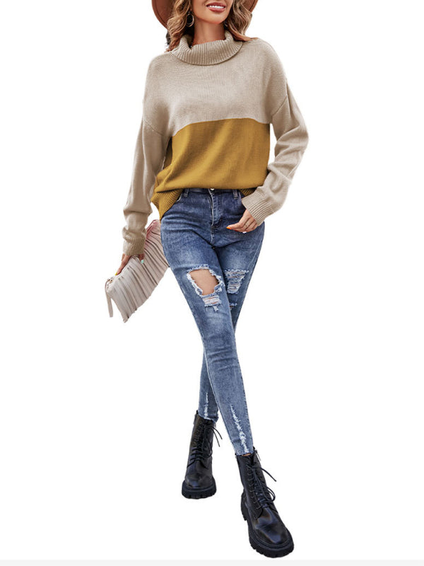 Women's new trendy contrasting color turtleneck pullover sweater - THE QUEEN RUNWAY