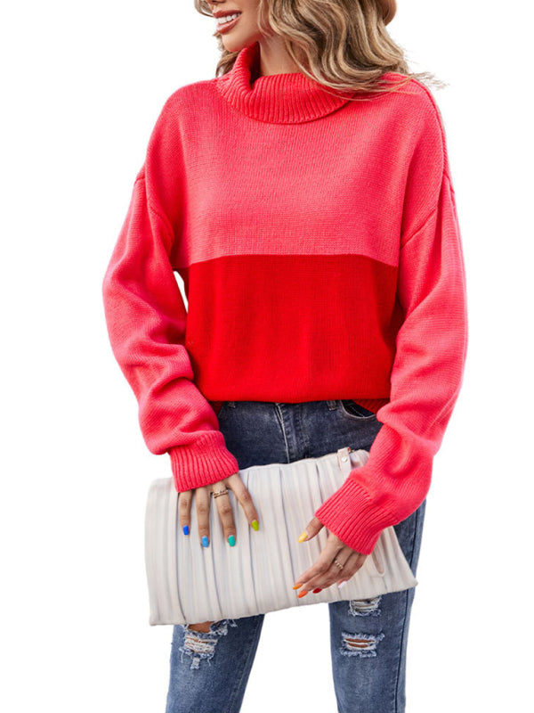 Women's new trendy contrasting color turtleneck pullover sweater - THE QUEEN RUNWAY