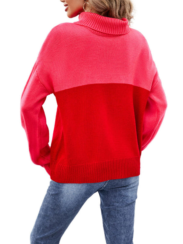 Women's new trendy contrasting color turtleneck pullover sweater - THE QUEEN RUNWAY